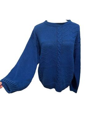 80s BLUE COTTON HAND KNIT DROP SHOULDERS & DOLMAN SLEEVES CABLE KNIT WINDCREST L